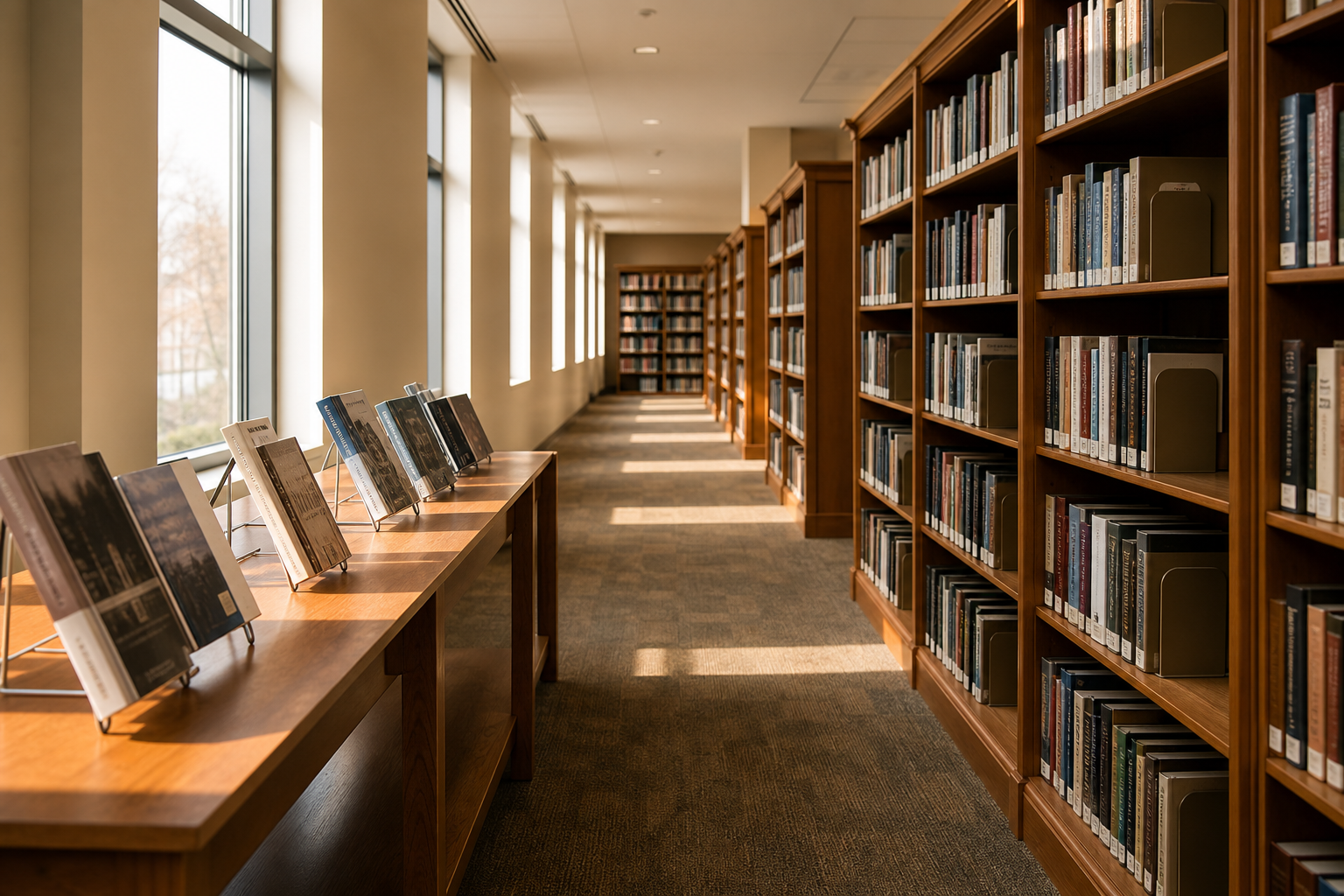 Quiet library aisle with displayed books